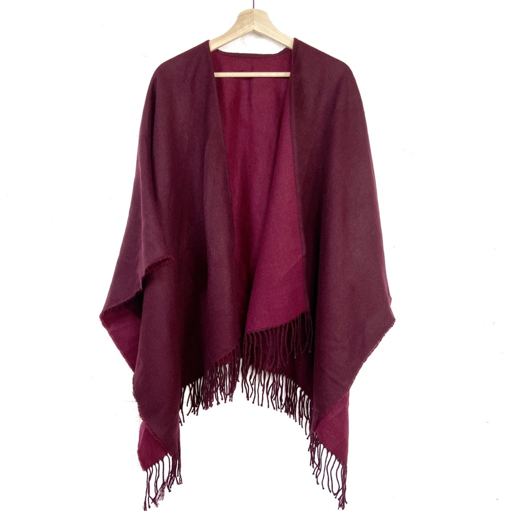 Wool Blend Burgundy Warm Fringe Shawl Red OS